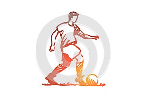 Football player, soccer, goal, kick concept. Hand drawn isolated vector.