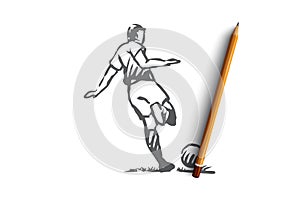 Football player, soccer, goal, kick concept. Hand drawn isolated vector.