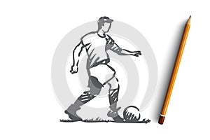 Football player, soccer, goal, kick concept. Hand drawn isolated vector.