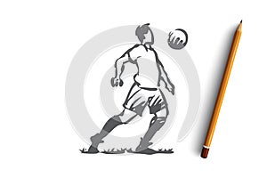 Football player, soccer, goal, kick concept. Hand drawn isolated vector.