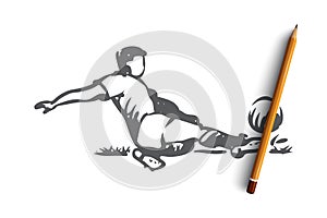 Football player, soccer, goal, kick concept. Hand drawn isolated vector.