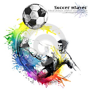 Football player. Soccer silhouette hand drawn sketch illustration