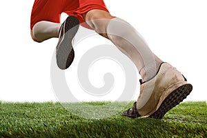 Football player tackling for the ball over white background