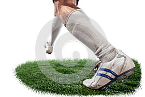 Football player tackling for the ball over white background