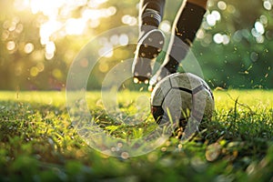 Football player about to kick a soccer ball during a serene sunset on the grassy field