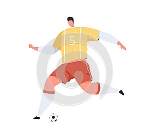 Football player in uniform running to kick ball with foot. Abstract footballer playing soccer. Sportsman in motion