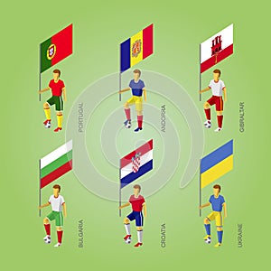 Football players with flag: Poland, Andorra, Gibraltar, Croatia,