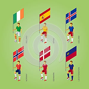 Football players with flags: Denmark, Liechtenstein, Spain, Norw
