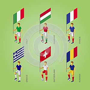 Football players with flags: France, Romania, Hungary, Italy, Sw