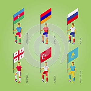 Football players with flags: Georgia, Turkey, Kazakhstan, Russia