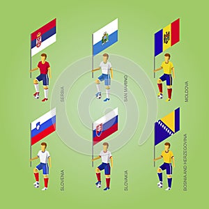 Football players with flags: Slovakia, Slovenia, Serbia, San Mar