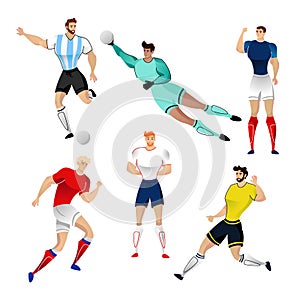 Football players from France, Argentina, England, Spain, Colombia and Russia isolated on a white background. Colorful