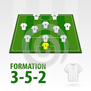 Football players lineups, formation 3-5-2. Soccer half stadium