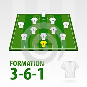 Football players lineups, formation 3-6-1. Soccer half stadium