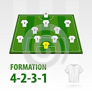 Football players lineups, formation 4-2-3-1. Soccer half stadium