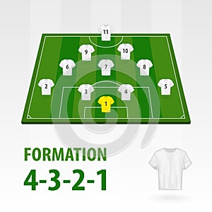 Football players lineups, formation 4-3-2-1 . Soccer half stadium