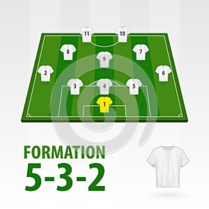 Football players lineups, formation 5-3-2. Soccer half stadium