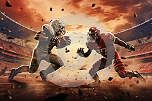 football players in red and gold stadium. mixed media, American Footballers Battling it Out on Field with Stadium in Background,