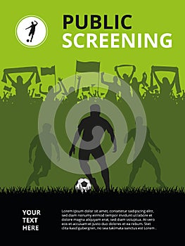 Football poster for public screening event with football player silhouettes and supporters in background