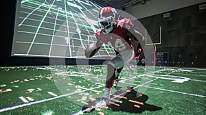 A football quarterback uses a virtual playbook projected onto a field making strategic decisions based on simulated photo