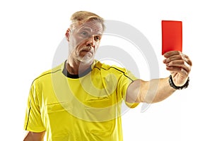 Football referee showing a red card to a displeased player isolated on white background