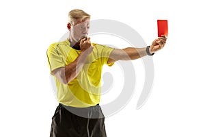 Football referee showing a red card to a displeased player isolated on white background