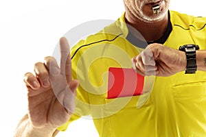 Football referee showing a red card to a displeased player isolated on white background