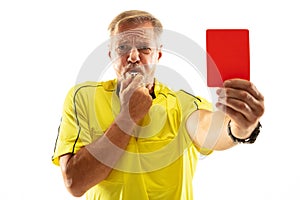 Football referee showing a red card to a displeased player isolated on white background