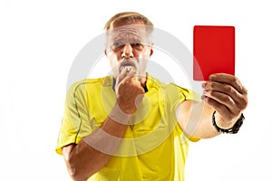 Football referee showing a red card to a displeased player isolated on white background