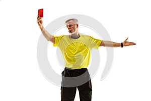 Football referee showing a red card to a displeased player isolated on white background