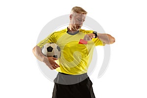 Football referee showing a red card to a displeased player isolated on white background