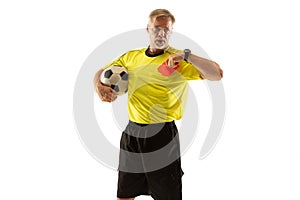 Football referee showing a red card to a displeased player isolated on white background