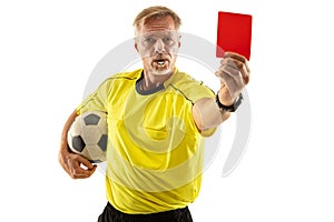 Football referee showing a red card to a displeased player isolated on white background