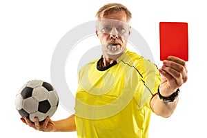 Football referee showing a red card to a displeased player isolated on white background