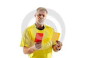 Football referee showing a red card to a displeased player isolated on white background