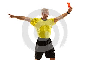 Football referee showing a red card to a displeased player isolated on white background