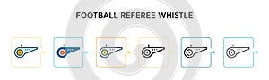 Football referee whistle vector icon in 6 different modern styles. Black, two colored football referee whistle icons designed in