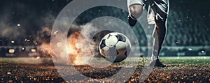 A Football Scene During A Night Match Featuring A Closeup Of A Soccer Shoe Making Powerful Contact With The Ball