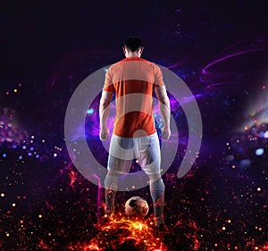 Football scene with soccer player in front of a futuristic digital background