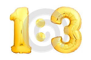 Football score 1:3 numbers one and three made of golden inflatable balloons isolated on white background. Ð¡hildren