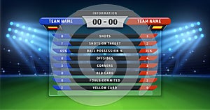 Football scoreboard. Soccer cup statistics of teams, championship or sport match information table on vector background