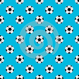 Football seamless pattern. Black and white soccer balls on light blue background. Cartoon sport vector illustration