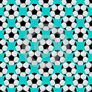 Football seamless pattern. Black and white soccer balls on mint green background. Cartoon sport vector illustration. Template for