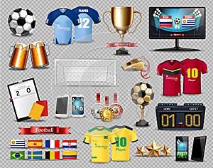 Football set collection Vector realistic. Mock up 3d detailed template. T shirts. football cup, beer, scores, gates