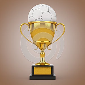 Football Soccer Award Concept. Golden Award Trophy with White Leather Football Soccer Ball. 3d Rendering