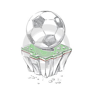 Football / Soccer ball on chunk of torn green field or flying island