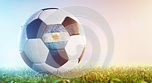Football soccer ball with flag of Argentina on grass