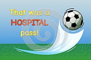 Football (soccer) ball flies into the goal, gate. Stadium with grass. With text