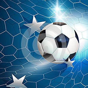Football soccer ball flying into the goal net with stars