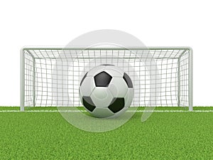 Football - soccer ball in front of goal gate on grass. 3D render